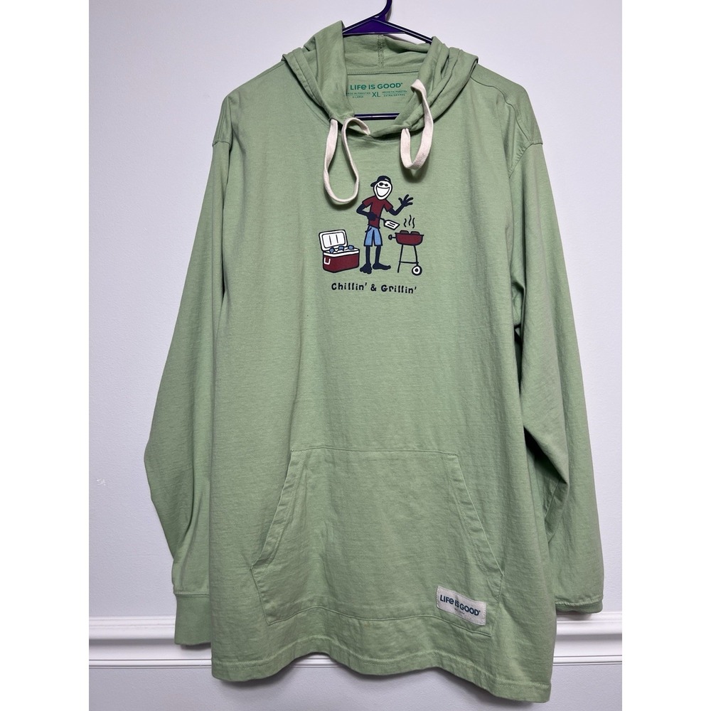Life is Good Mens XL Chilin' & Grillin' Green Hoodie-Pullover-Lake Life-Jake-EUC